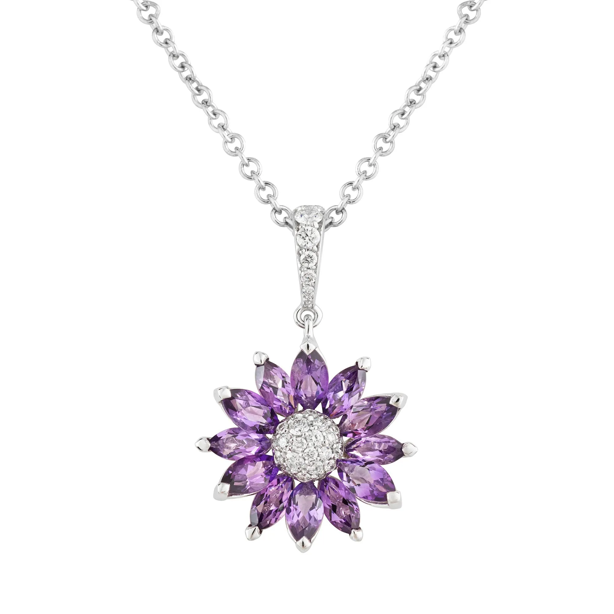 Daisy Small Pendant in 18ct White Gold with Amethyst and Diamonds