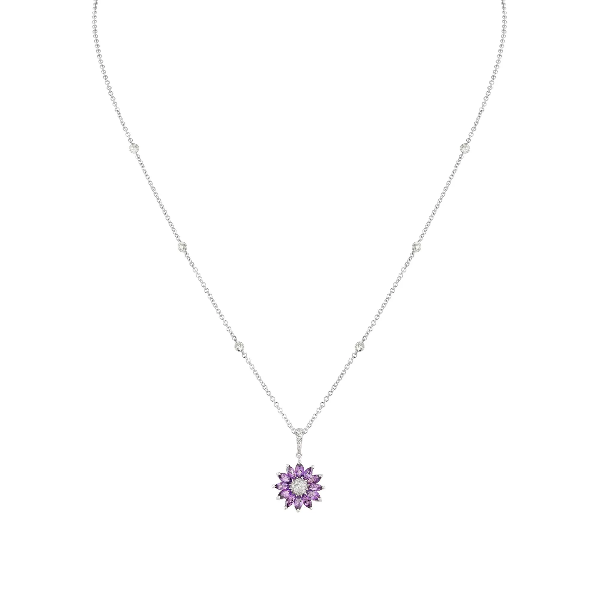 Daisy Small Pendant in 18ct White Gold with Amethyst and Diamonds