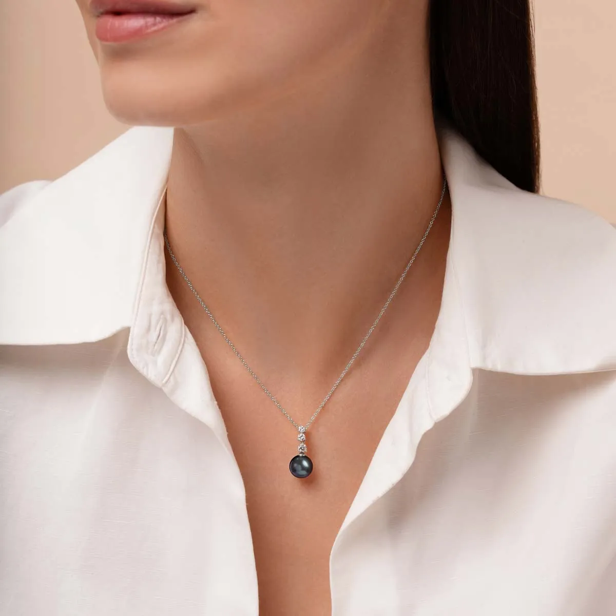 Diamond Classic 18K Gold Akoya Pearl Triple Diamond Drop Pendant