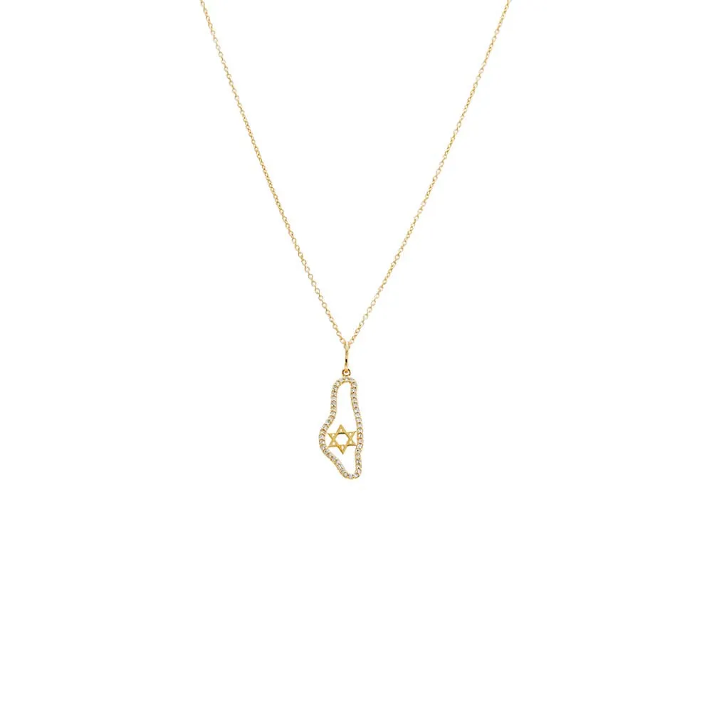 Diamond Pave Map Of Israel Pendant Necklace 14K