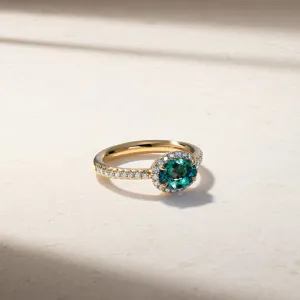 East-West Alexandrite and Diamond Halo Ring