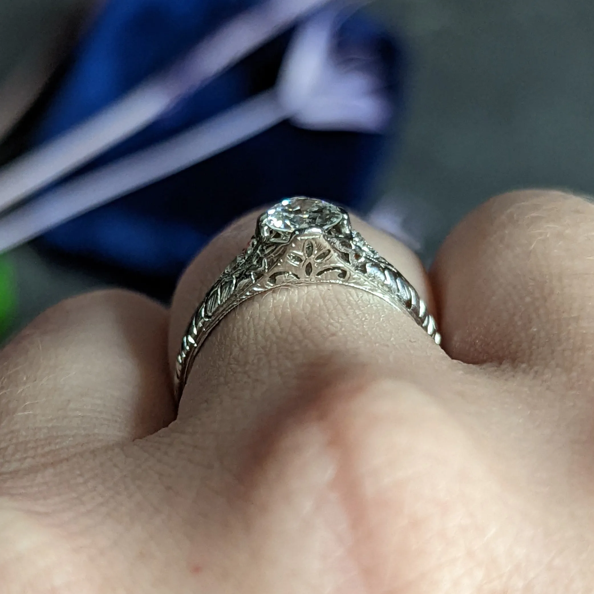 Edwardian 0.70 CTW Diamond Platinum Foliate Engagement Ring