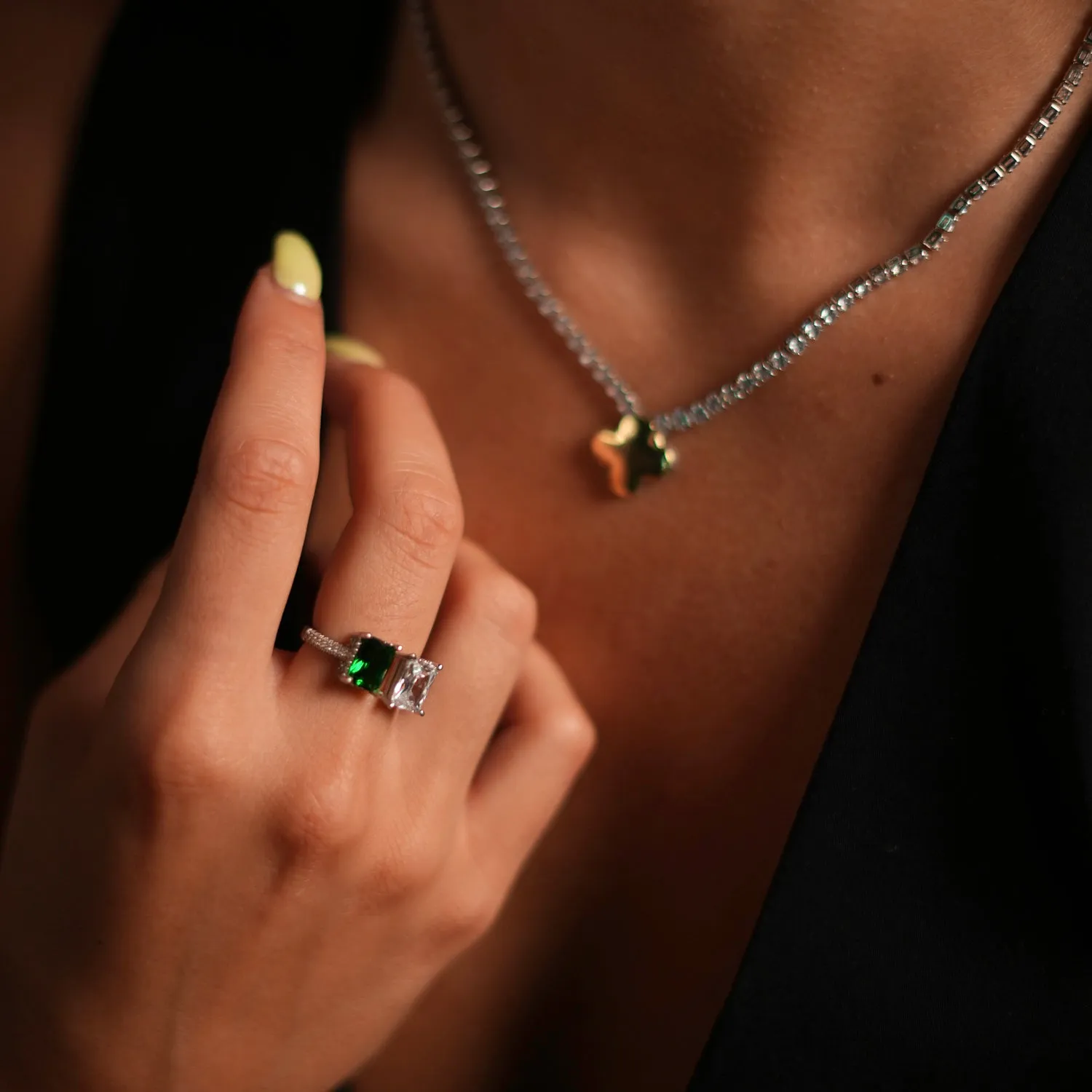 Emerald & Diamond Design Sterling Silver Statement Ring