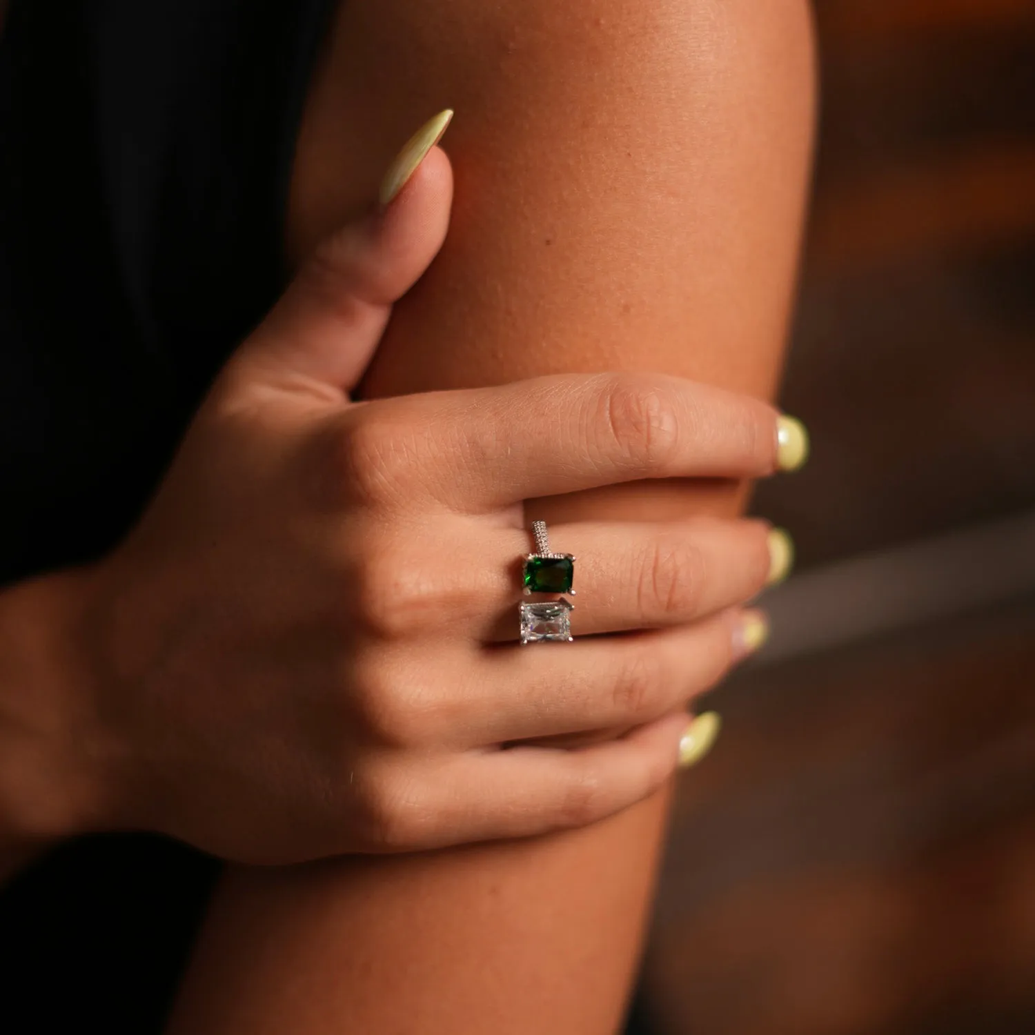 Emerald & Diamond Design Sterling Silver Statement Ring