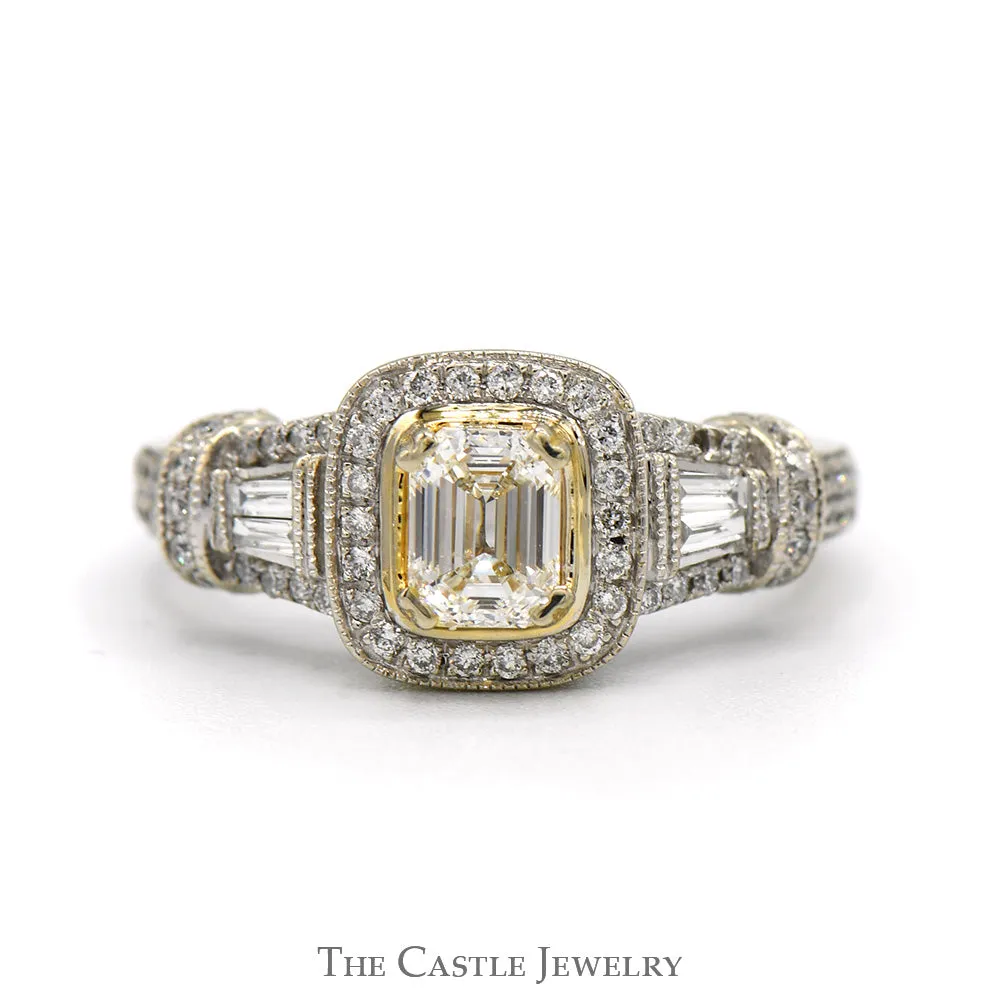 Emerald Cut Diamond Engagement Ring with Diamond Halo and Baguette & Round Diamond Accents in 14k White Gold