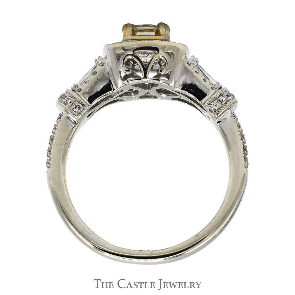 Emerald Cut Diamond Engagement Ring with Diamond Halo and Baguette & Round Diamond Accents in 14k White Gold