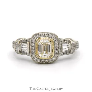 Emerald Cut Diamond Engagement Ring with Diamond Halo and Baguette & Round Diamond Accents in 14k White Gold