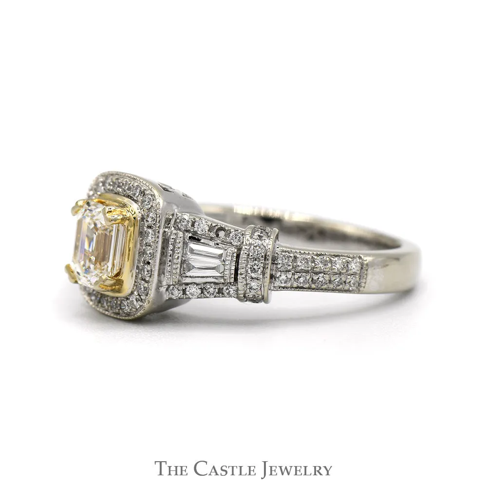 Emerald Cut Diamond Engagement Ring with Diamond Halo and Baguette & Round Diamond Accents in 14k White Gold