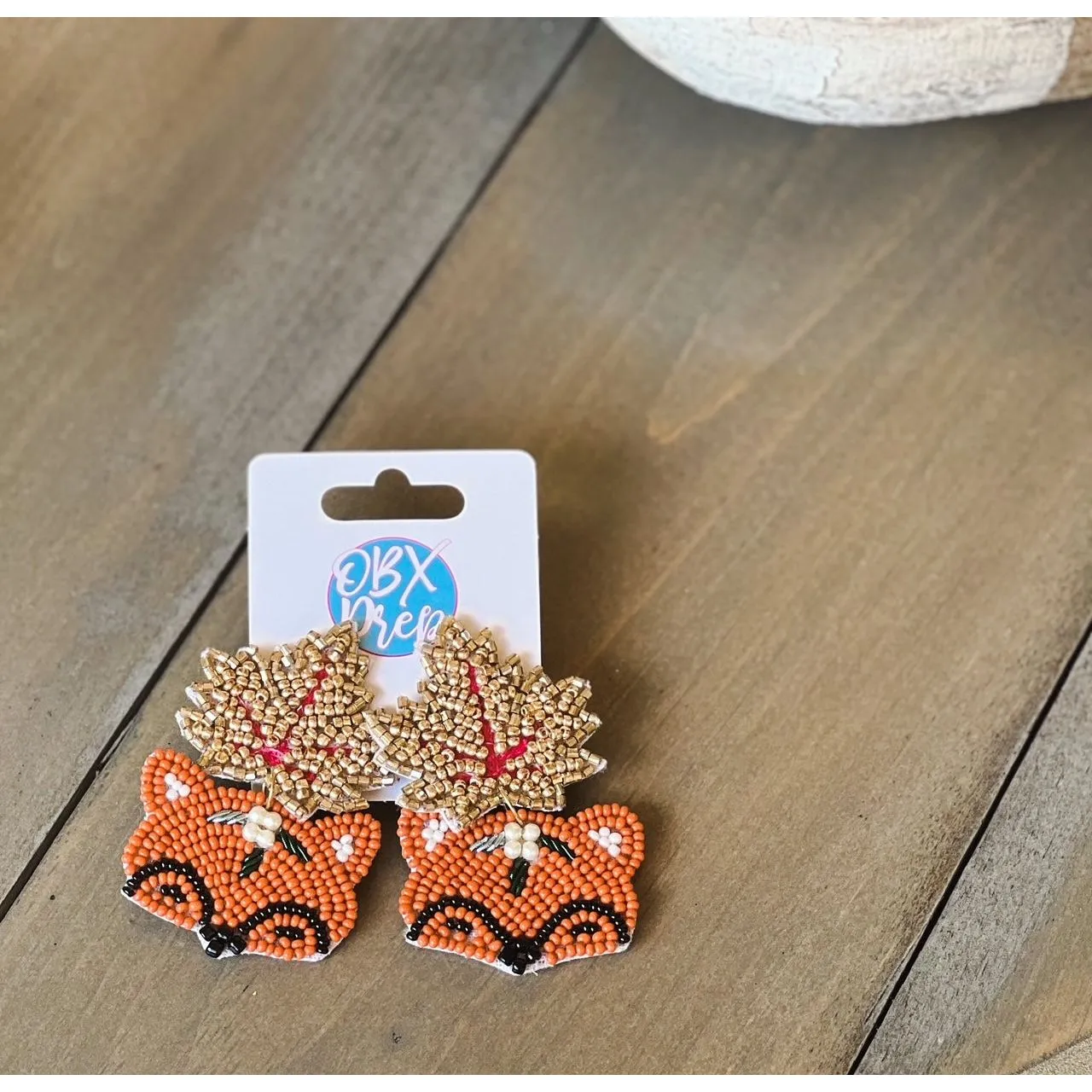 Exclusive Autumn Fox and Leaf Seed Beaded Dangle Earrings