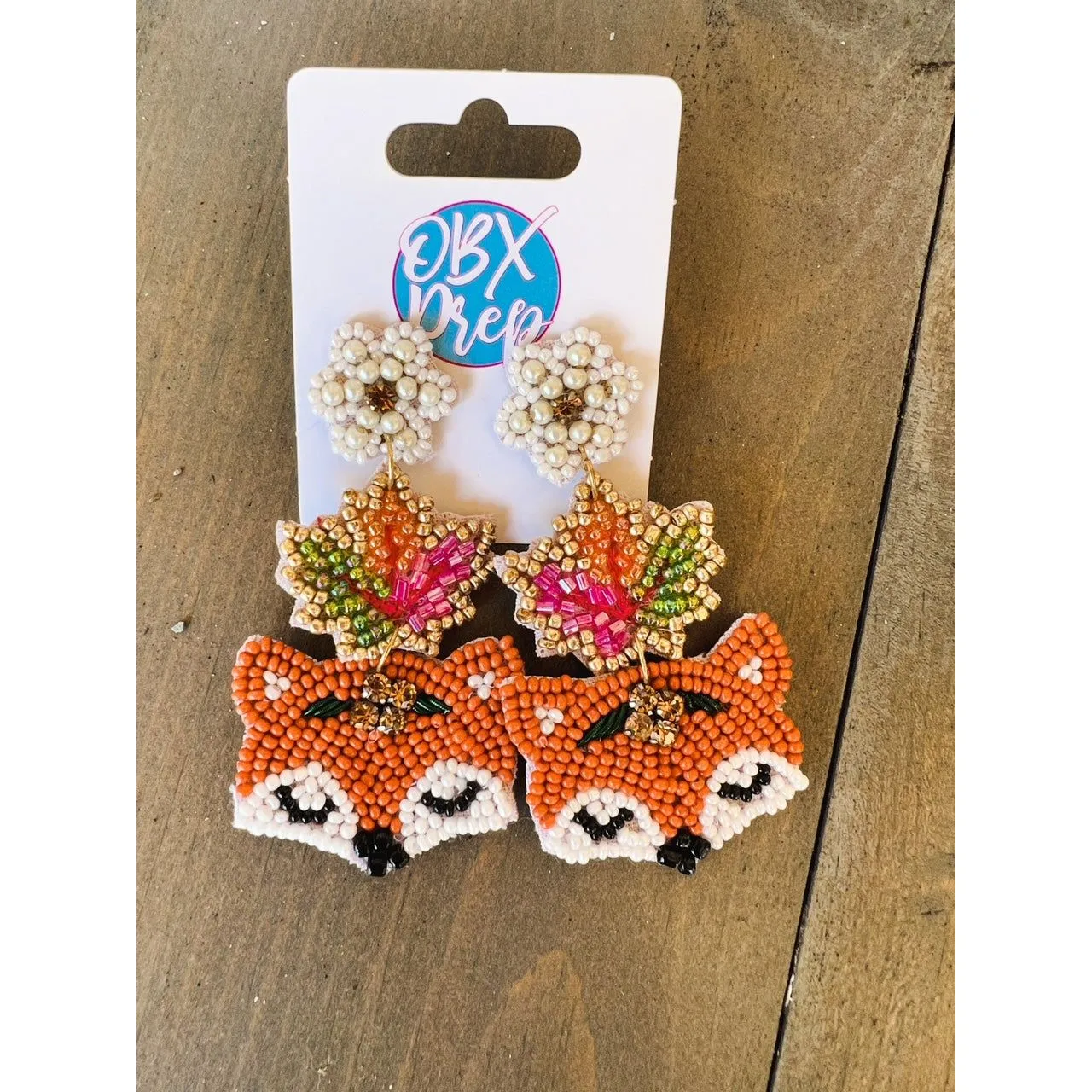 Exclusive Autumn Fox and Leaf Seed Beaded Dangle Earrings