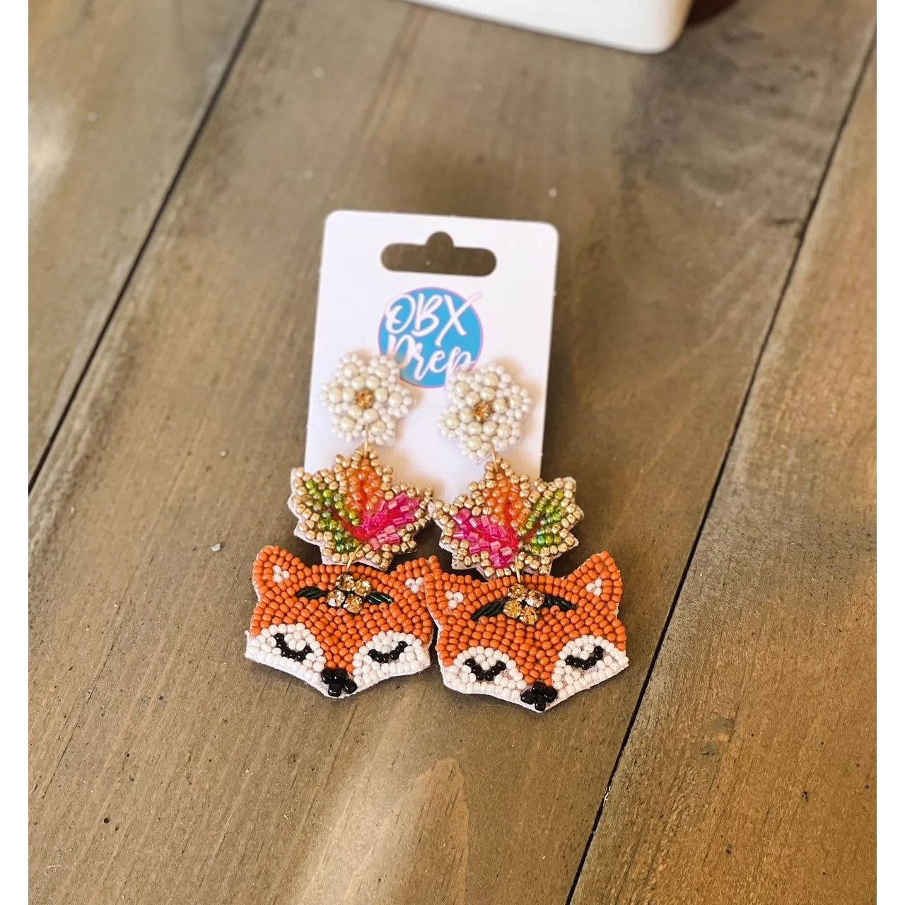 Exclusive Autumn Fox and Leaf Seed Beaded Dangle Earrings