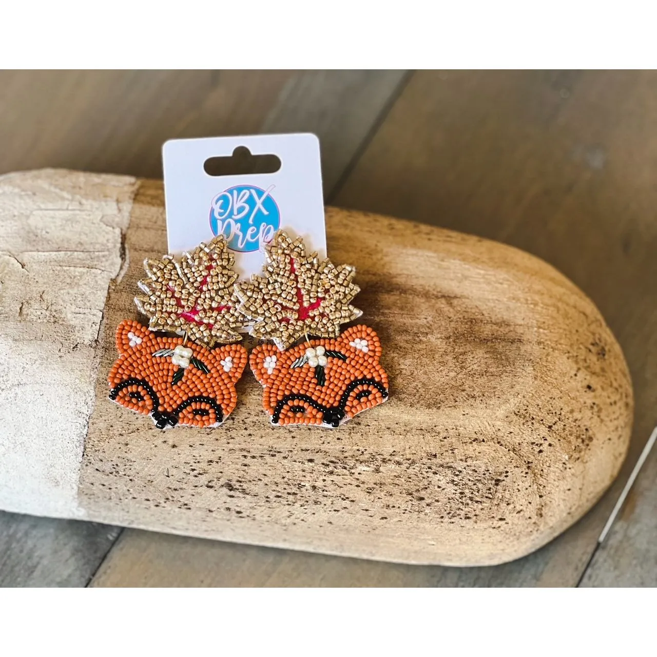 Exclusive Autumn Fox and Leaf Seed Beaded Dangle Earrings