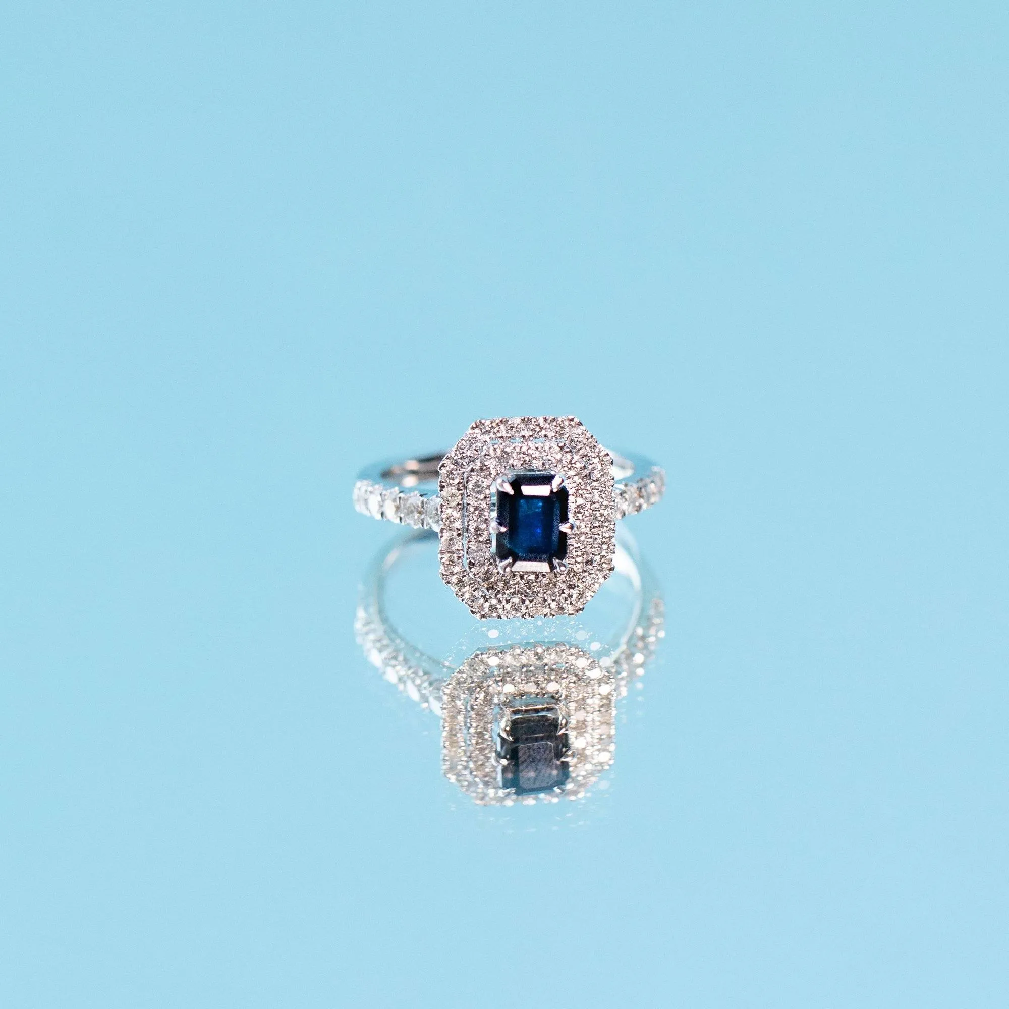 Facets of Love Brilliant Emerald Sapphire Ring with 0.80ct of Diamonds in 18ct White Gold