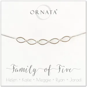 “Family of Five” Sterling Silver Bolo Bracelet on Personalized Jewelry Card