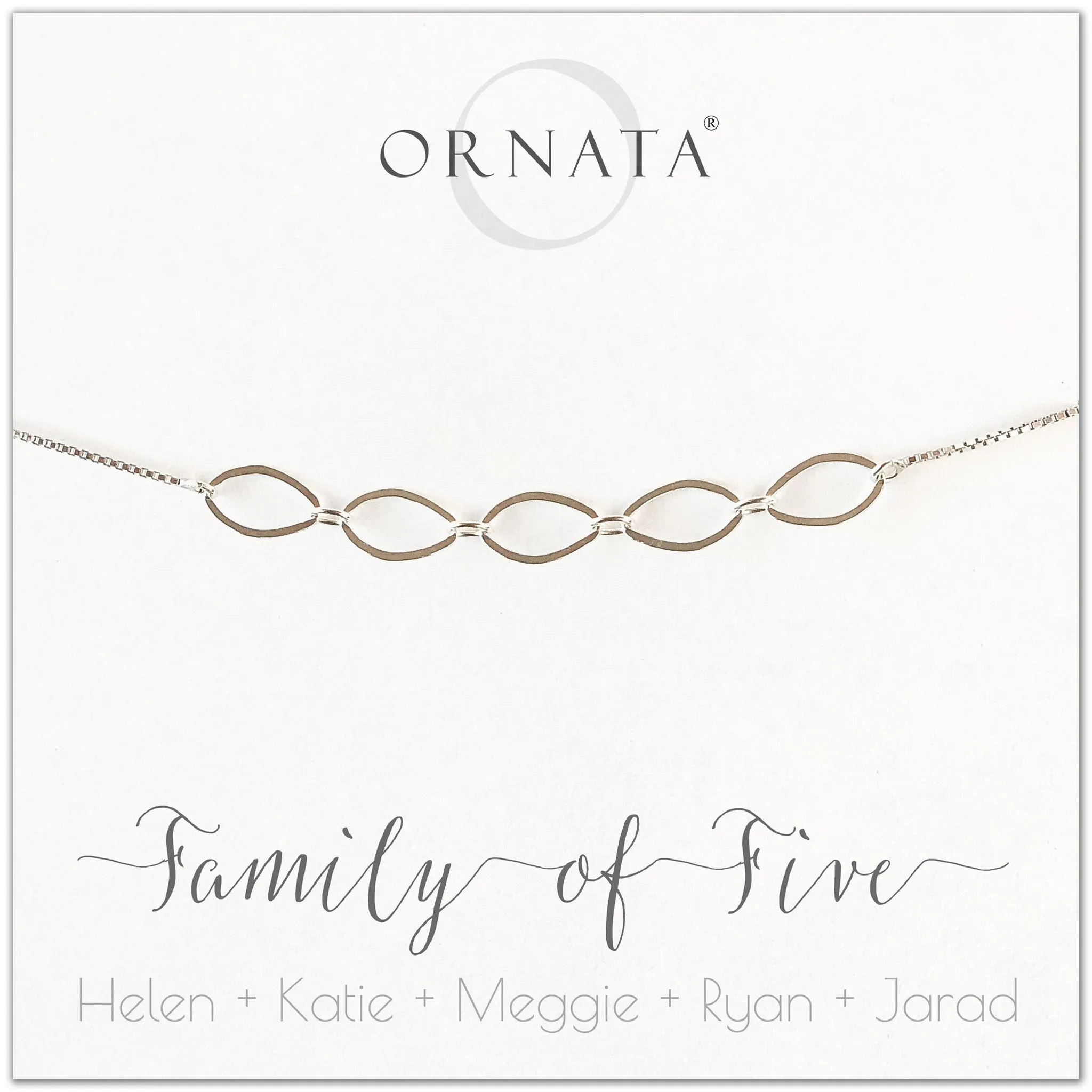 “Family of Five” Sterling Silver Bolo Bracelet on Personalized Jewelry Card
