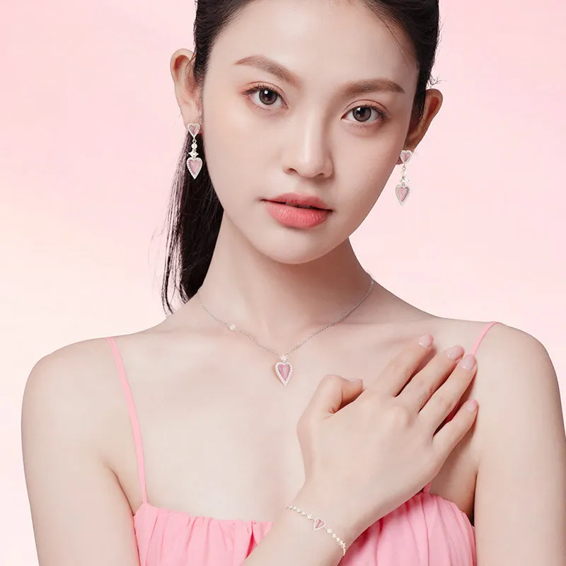 FANCIME "Pink Moment" Pink Heart Sterling Silver Bracelet With White Pearl and CZ Stones
