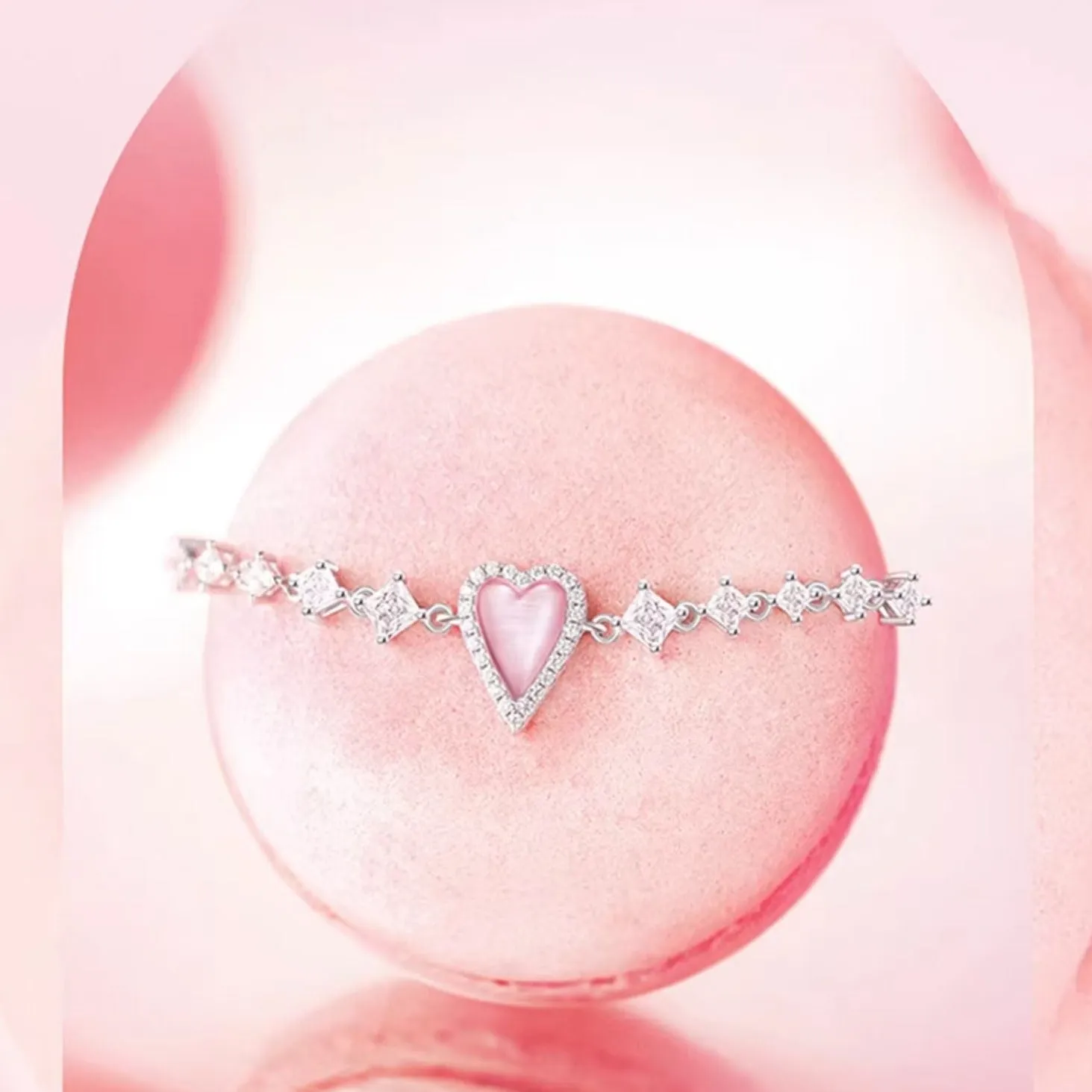 FANCIME "Pink Moment" Pink Heart Sterling Silver Bracelet With White Pearl and CZ Stones