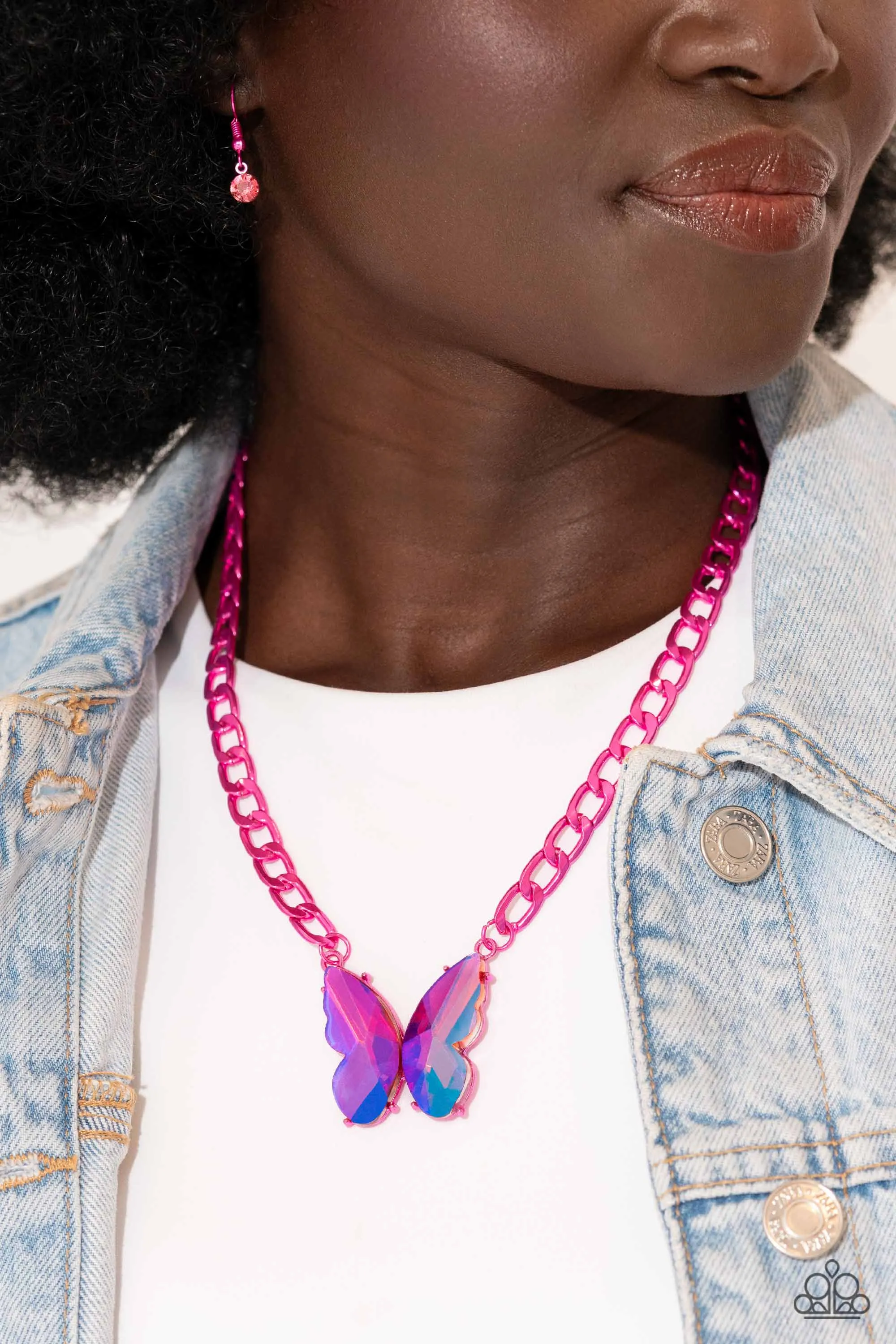 Fascinating Flyer - Pink - UV Iridescent Butterfly Paparazzi Short Necklace - November 2023 Life of the Party Exclusive