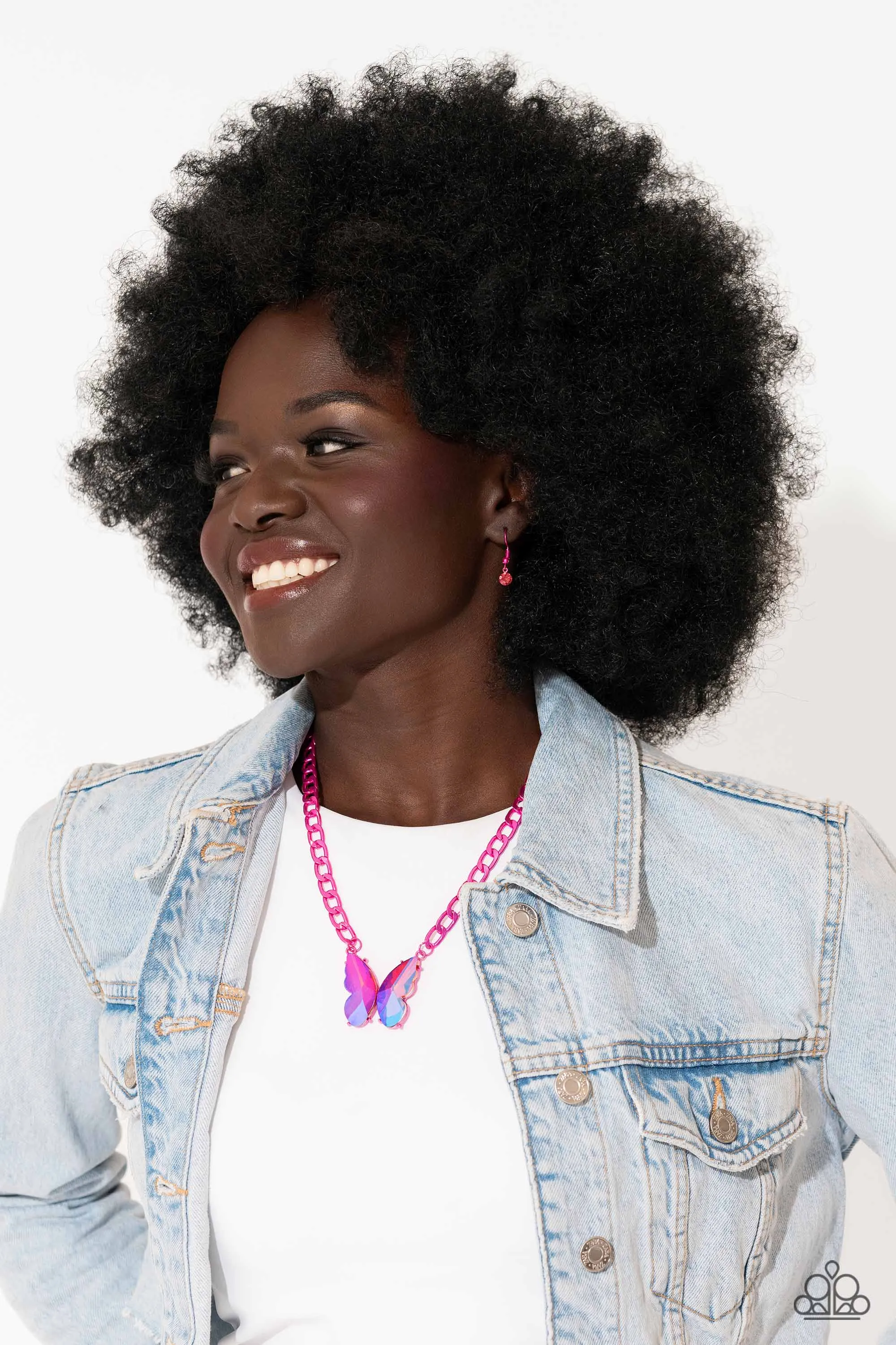 Fascinating Flyer - Pink - UV Iridescent Butterfly Paparazzi Short Necklace - November 2023 Life of the Party Exclusive