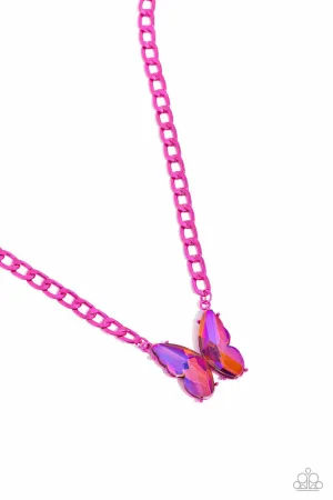 Fascinating Flyer - Pink - UV Iridescent Butterfly Paparazzi Short Necklace - November 2023 Life of the Party Exclusive