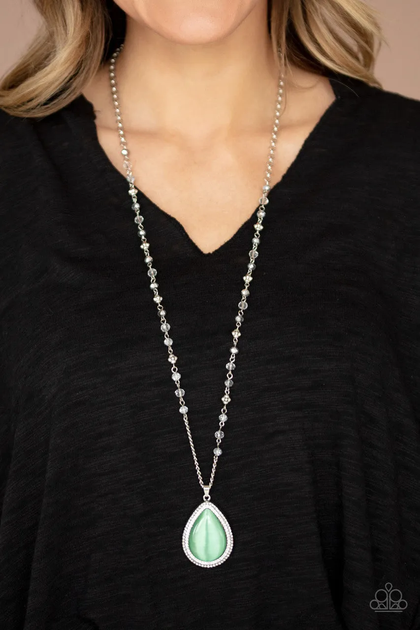 Fashion Flaunt - Green - Teardrop Cat's Eye Stone Beaded Chain Paparazzi Long Necklace - July 2020 Life of the Party Exclusive