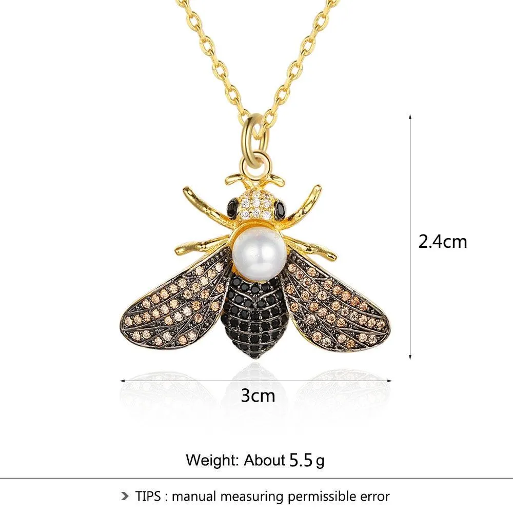 Fashionable Cubic Zirconia Pearl Jewelry Necklace with Bee Insect Pendant for Women
