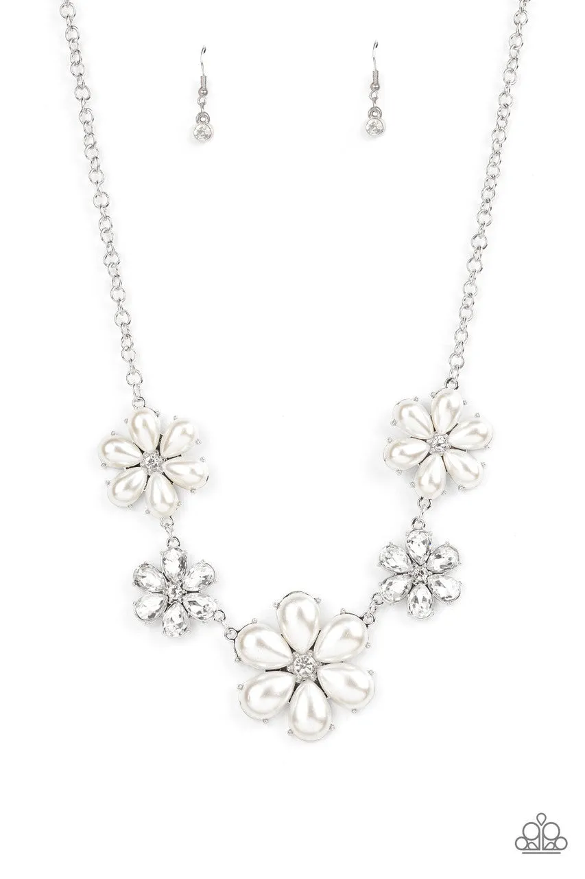 Fiercely Flowering - White - Pearl Flower Paparazzi Short Necklace - December 2021 Life of the Party Exclusive