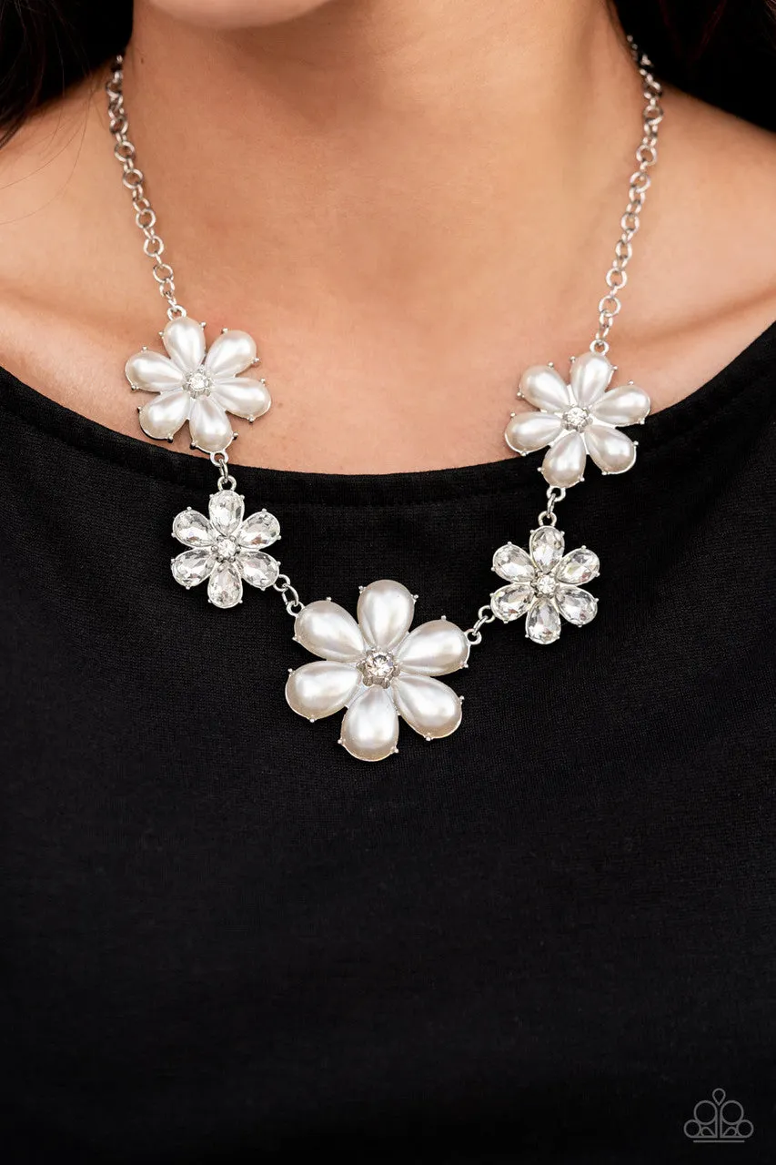 Fiercely Flowering - White - Pearl Flower Paparazzi Short Necklace - December 2021 Life of the Party Exclusive