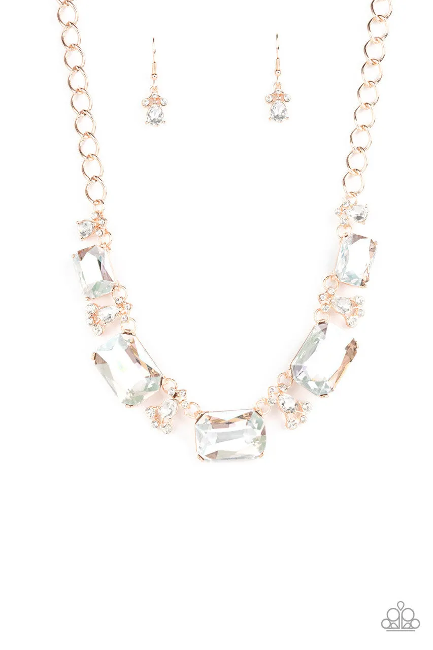 Flawlessly Famous - Multi - Oversized Iridescent Rhinestone Rose Gold Paparazzi Short Necklace - September 2021 Life of the Party Exclusive