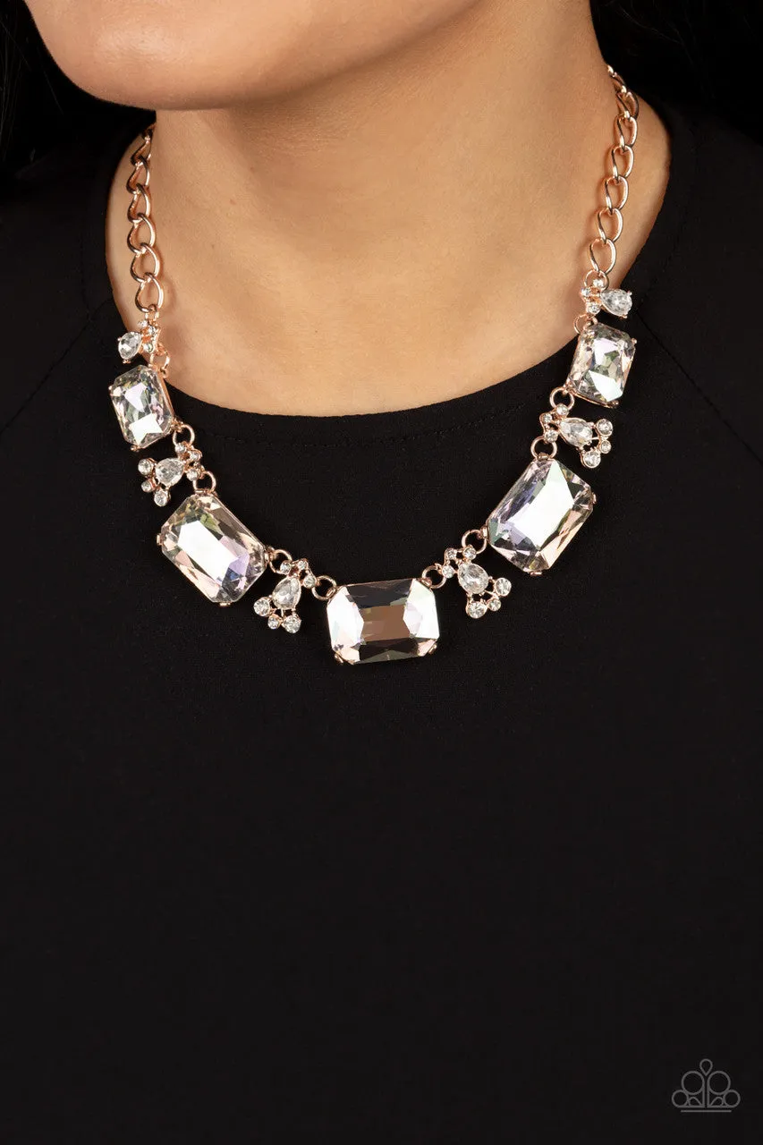 Flawlessly Famous - Multi - Oversized Iridescent Rhinestone Rose Gold Paparazzi Short Necklace - September 2021 Life of the Party Exclusive