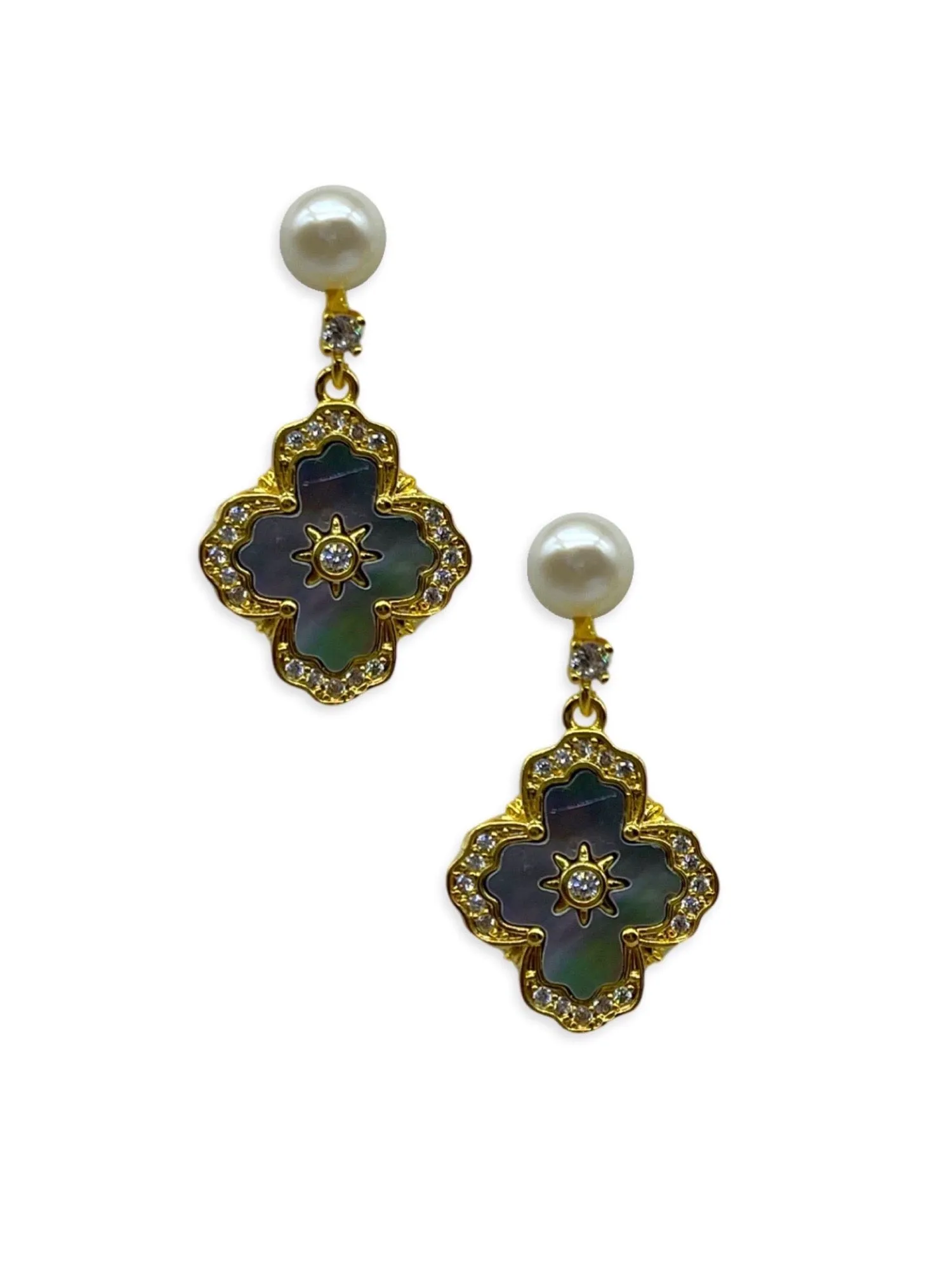 Fresh water pearl Earring With AD in Gold With Grey Mother of Pearl