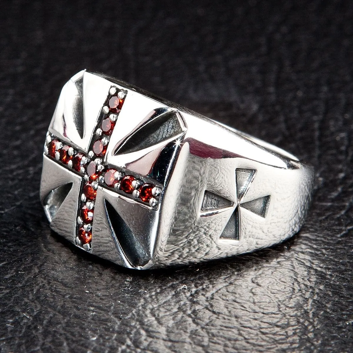 Garnet Cross Sterling Silver Biker Ring
