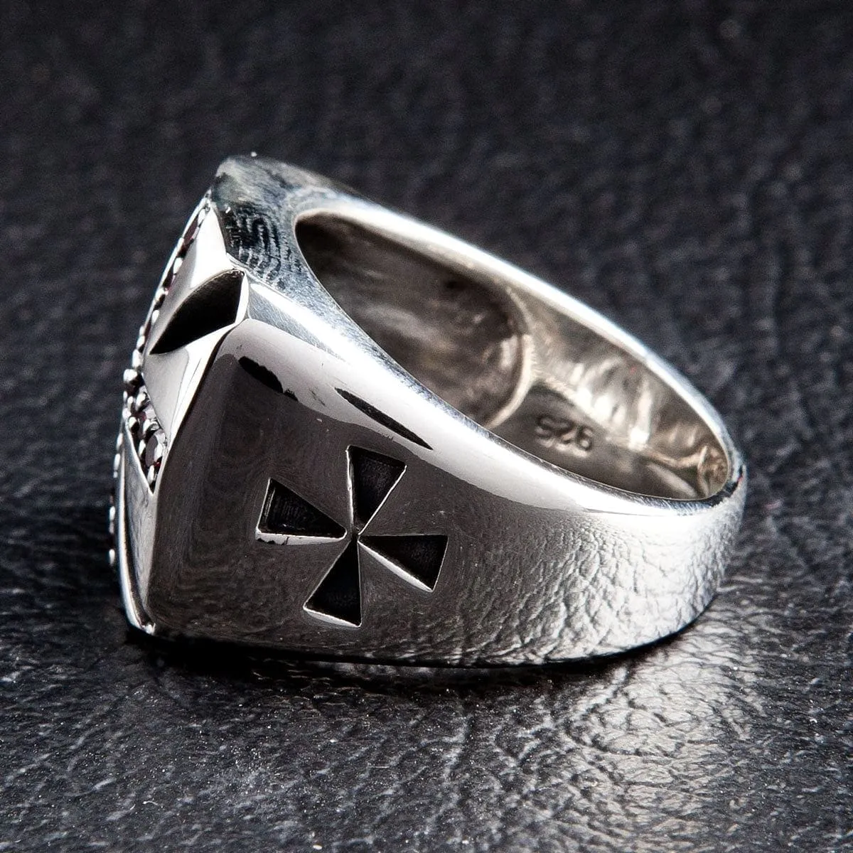 Garnet Cross Sterling Silver Biker Ring