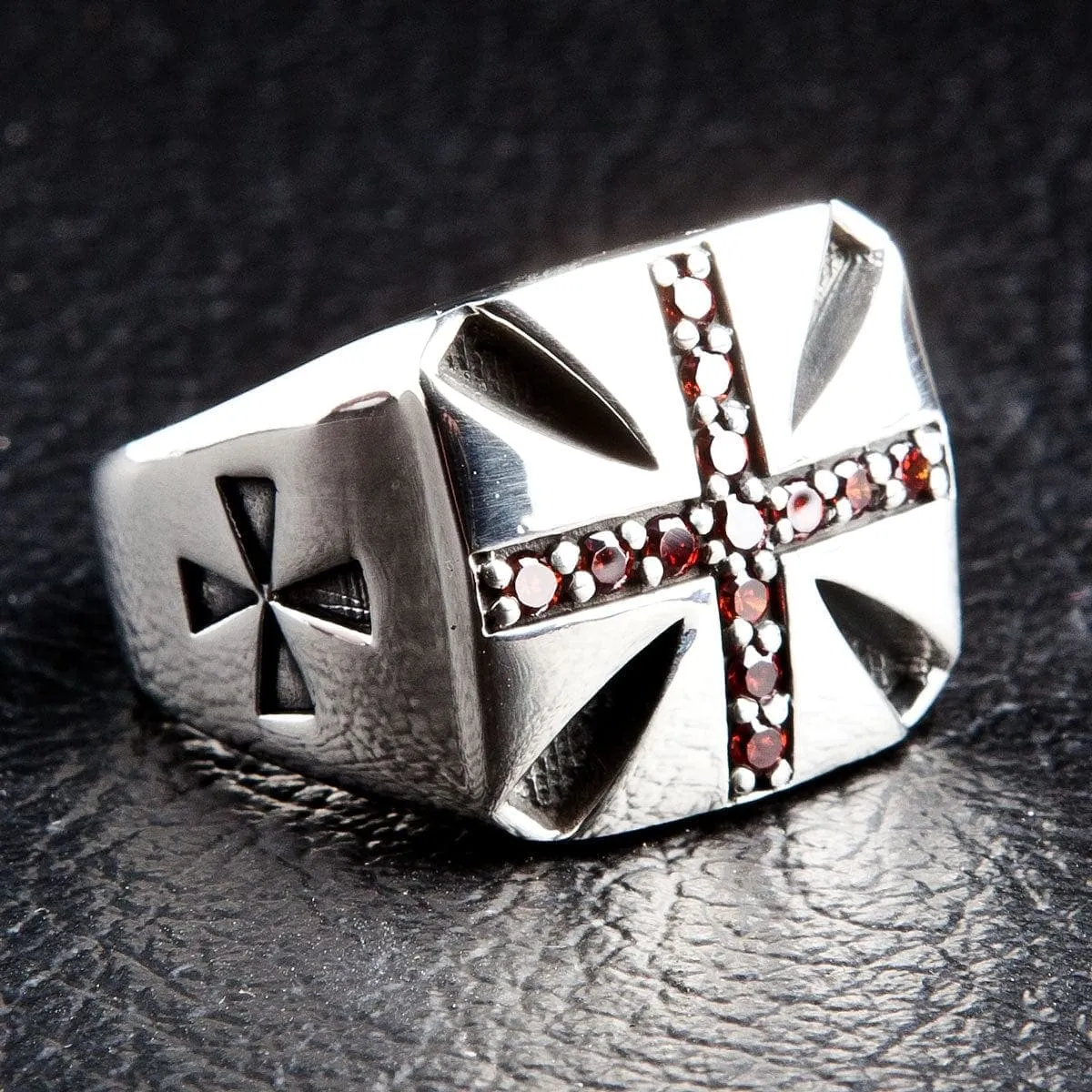 Garnet Cross Sterling Silver Biker Ring