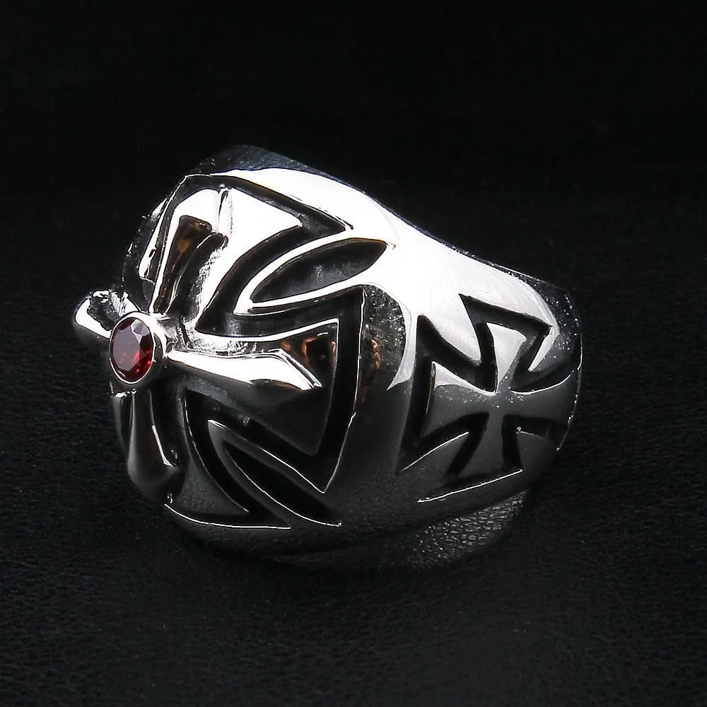 Garnet Sterling Silver Biker Cross Ring