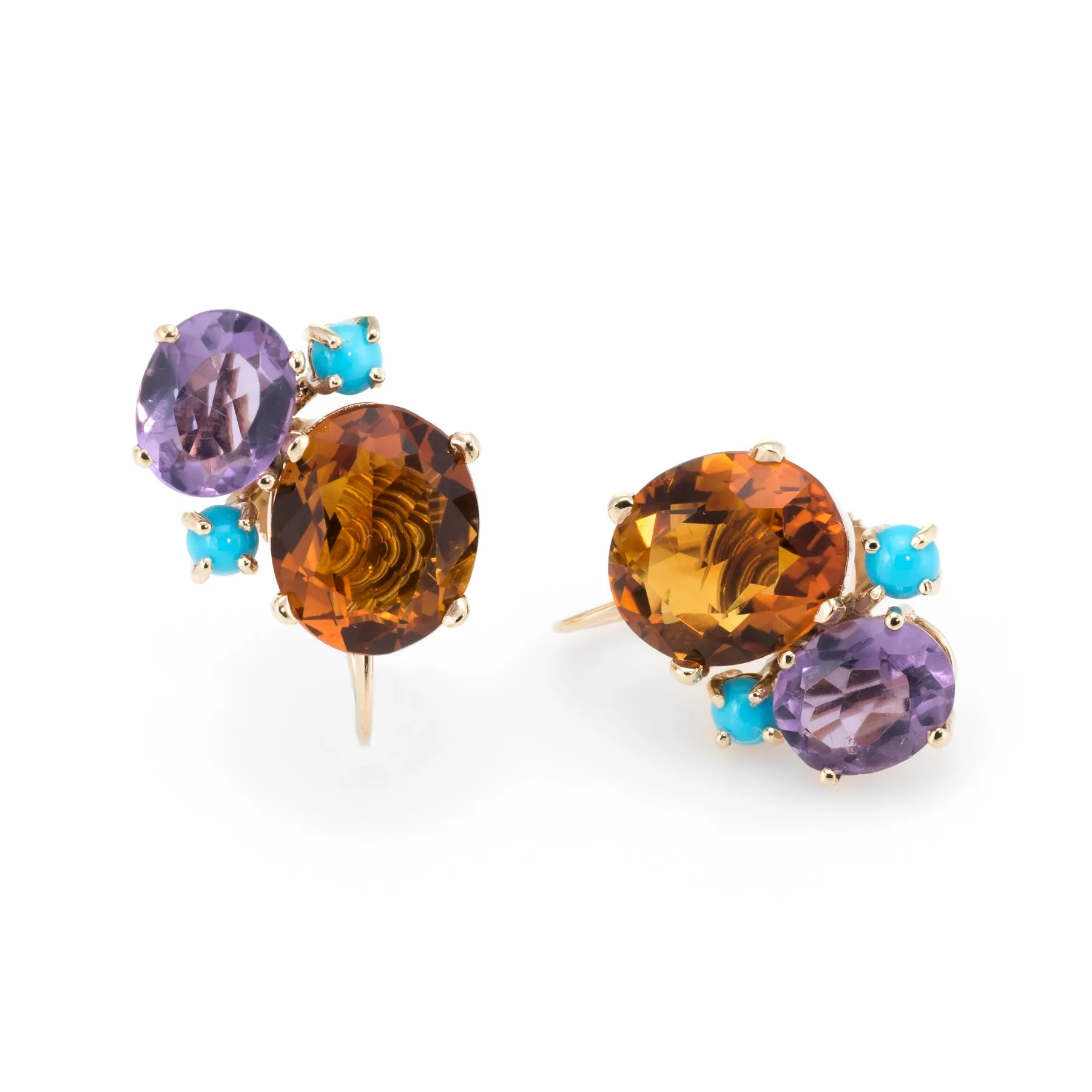 Gemstone Cluster Earrings Vintage 14k Gold Citrine Amethyst Turquoise Estate