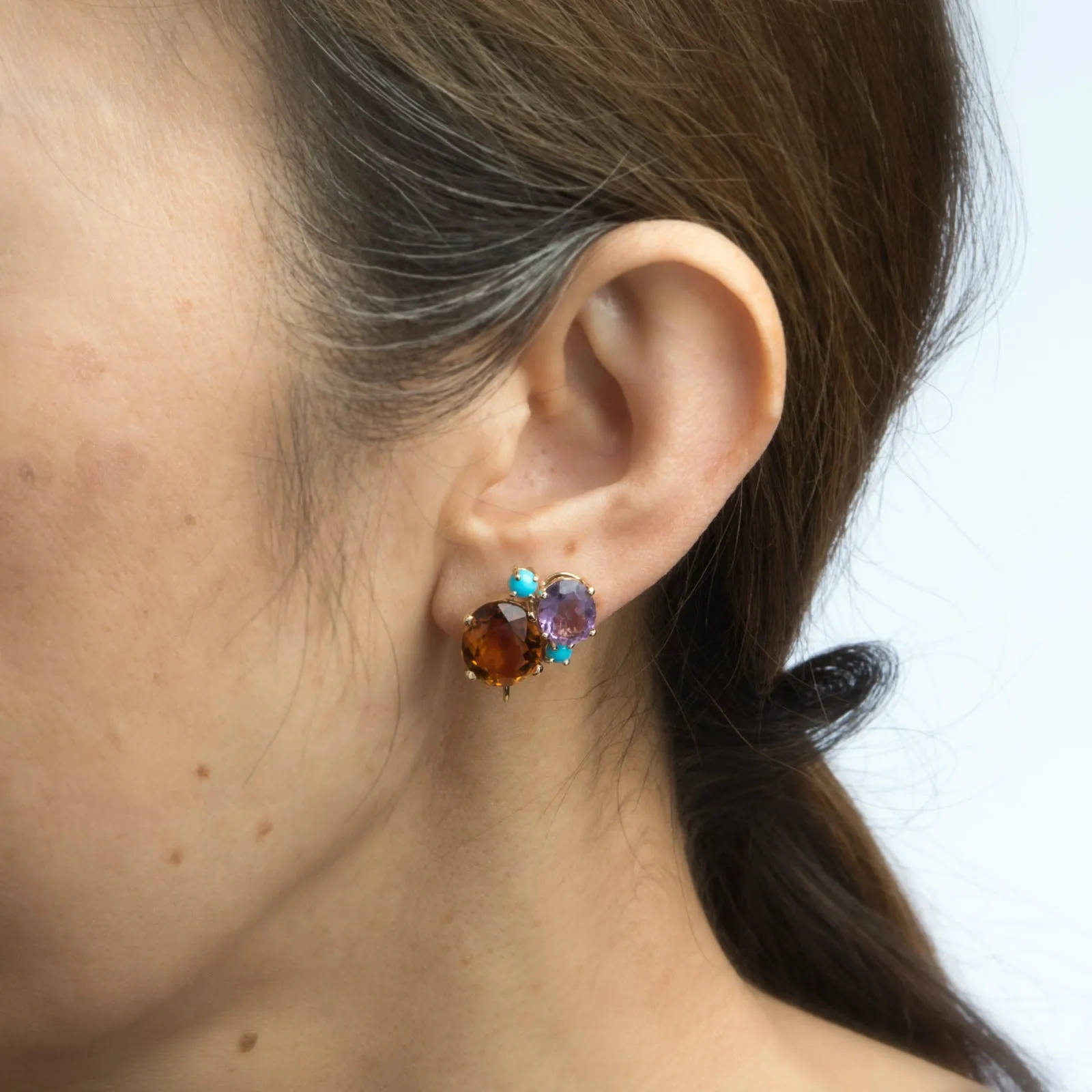 Gemstone Cluster Earrings Vintage 14k Gold Citrine Amethyst Turquoise Estate