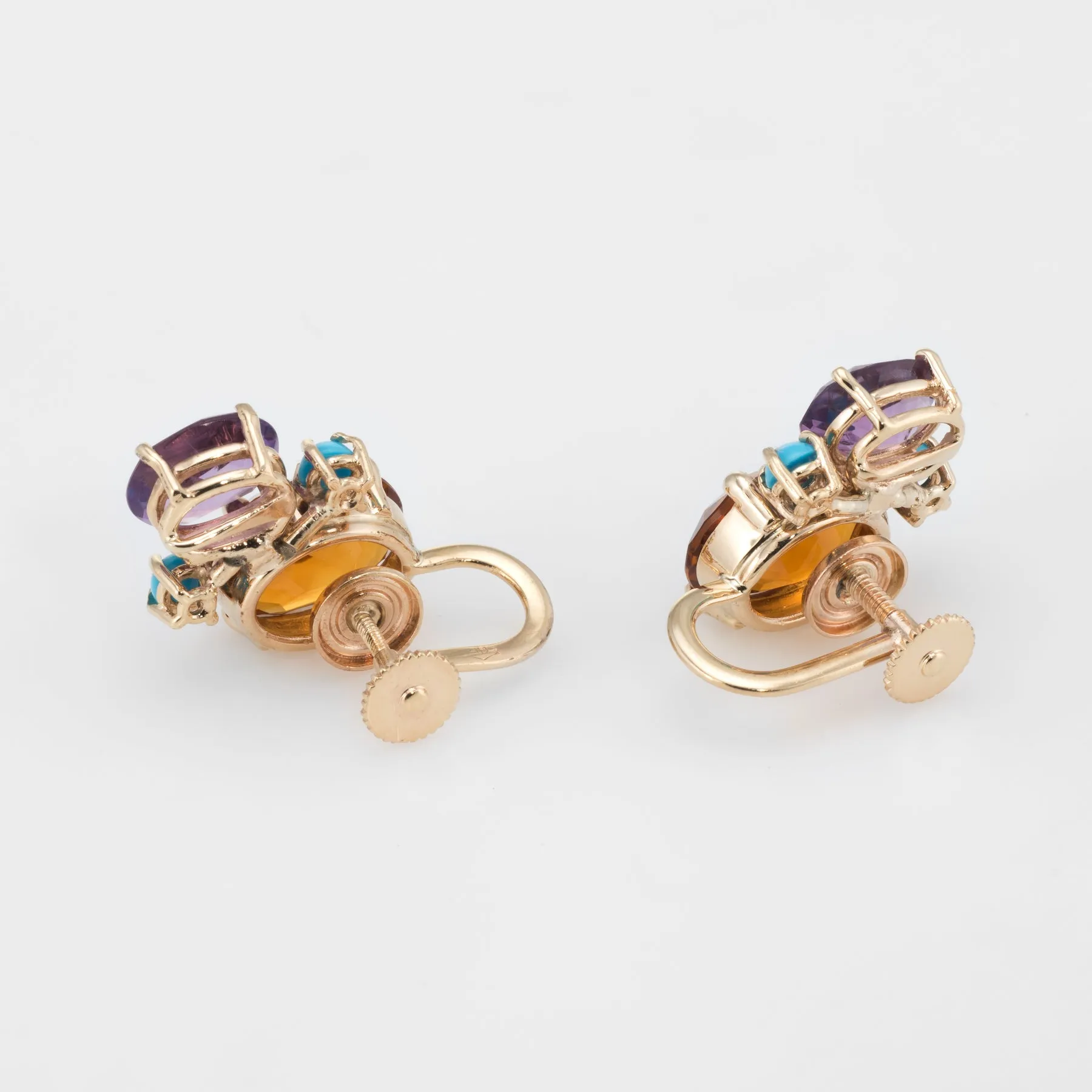Gemstone Cluster Earrings Vintage 14k Gold Citrine Amethyst Turquoise Estate