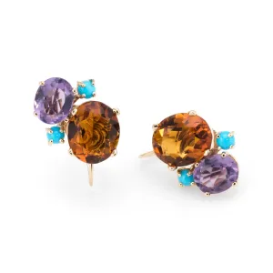Gemstone Cluster Earrings Vintage 14k Gold Citrine Amethyst Turquoise Estate