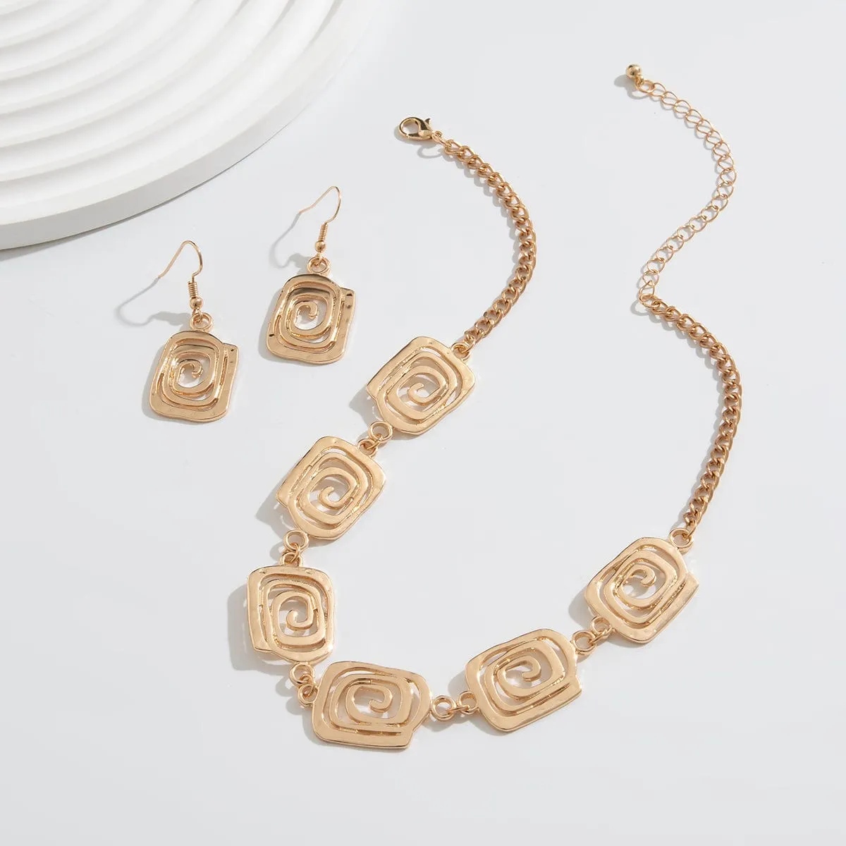 Geometric Gold Silver Plated Spiral Square Earrings Necklace Set