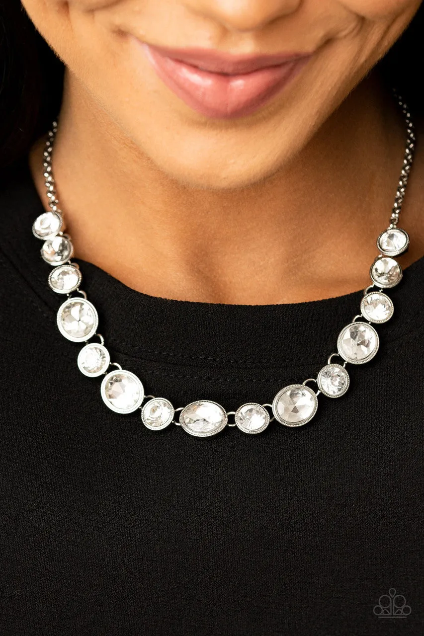 Girls Gotta Glow - White - Oval and Round Rhinestone Paparazzi Short Necklace - November 2020 Life of the Party Exclusive