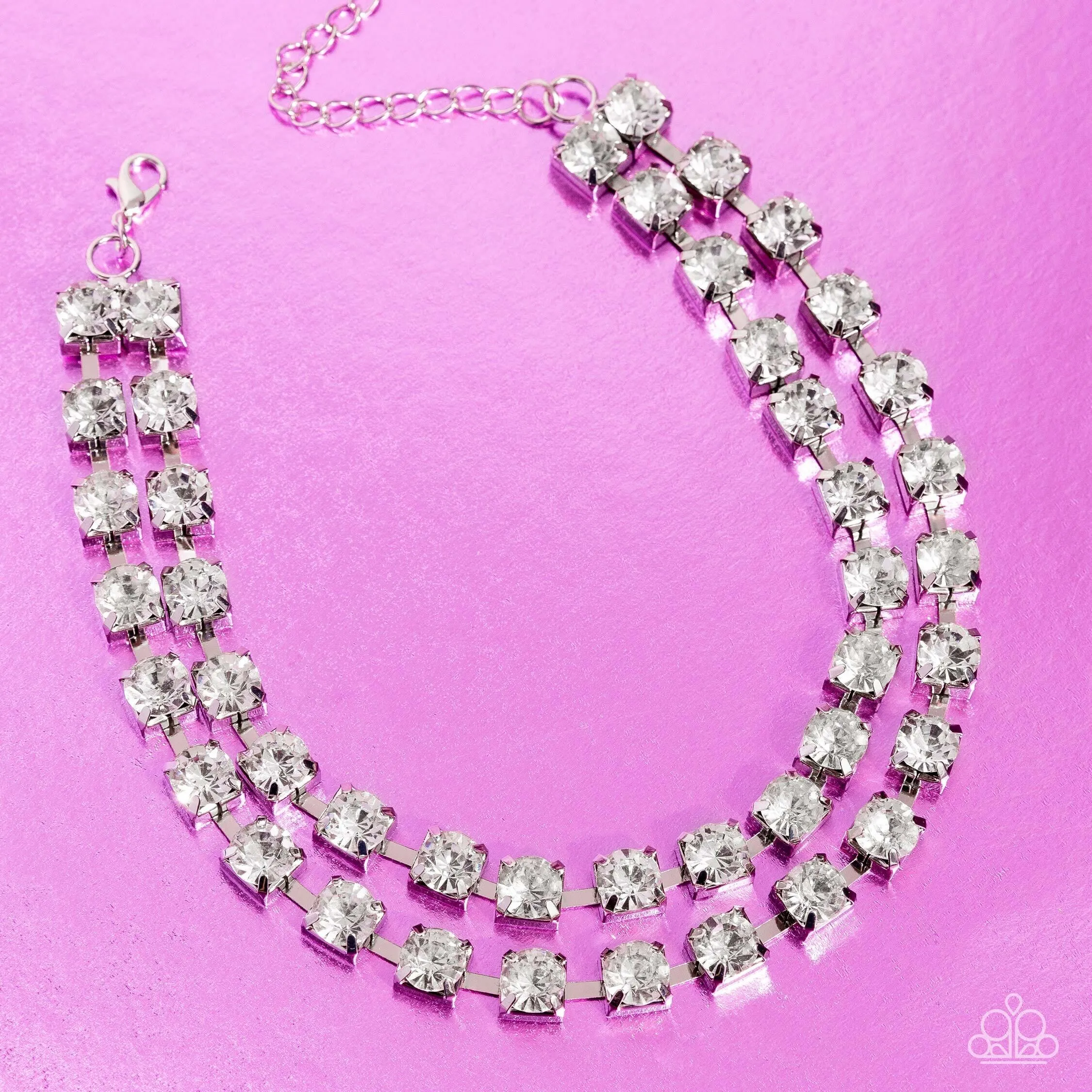 Glistening Gallery - White - Oversized Rhinestone Tiered Paparazzi Choker Necklace - November 2023 Life of the Party Exclusive