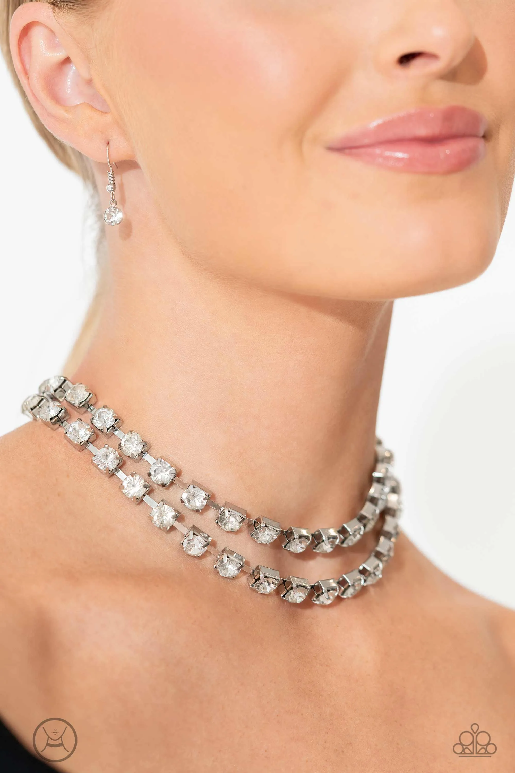 Glistening Gallery - White - Oversized Rhinestone Tiered Paparazzi Choker Necklace - November 2023 Life of the Party Exclusive