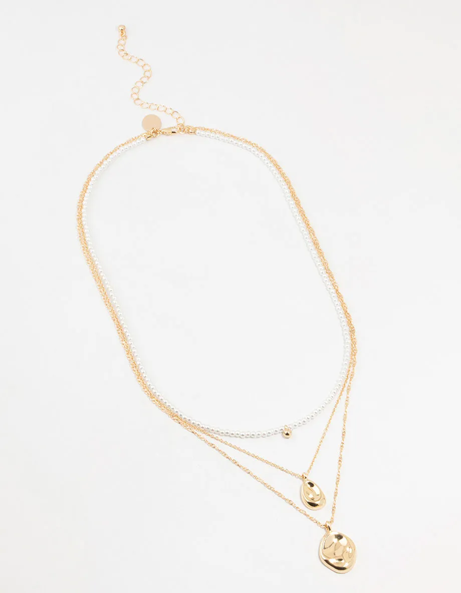 Gold Multiple Coin & Pearl 3 Layered Necklace