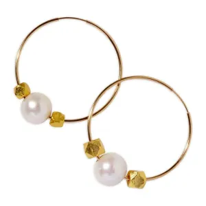 Gold Nugget Hoops w/ White Freshwater Pearls