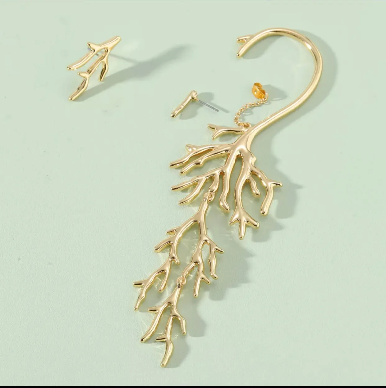 Gold Plated Coral Shape Ear Cuff and Coral Branch Earring 250-3 | Erika Williner Designs