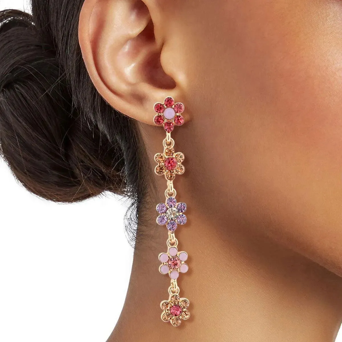 Gold Plated Multicolor Daisy Flower Drop Earrings with Acrylic Rhinestones – Statement Jewelry