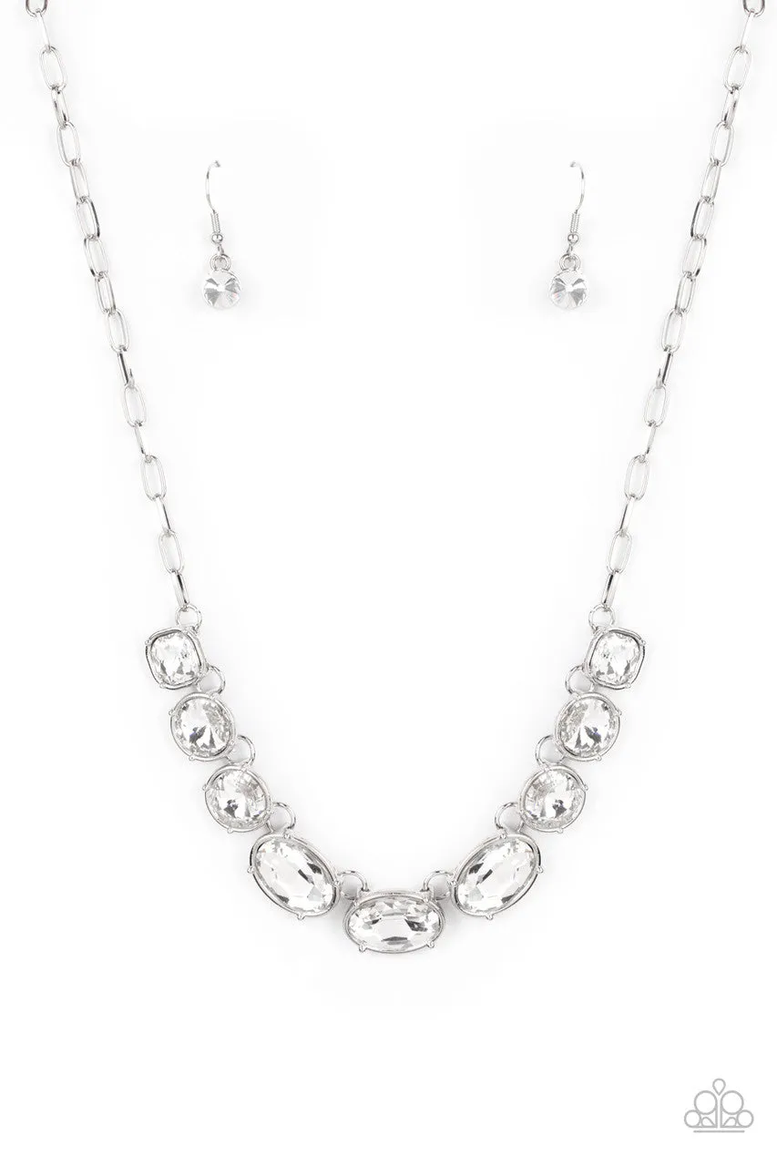 Gorgeously Glacial - White - Round and Oval Rhinestone Paparazzi Short Necklace - June 2021 Life of the Party Exclusive
