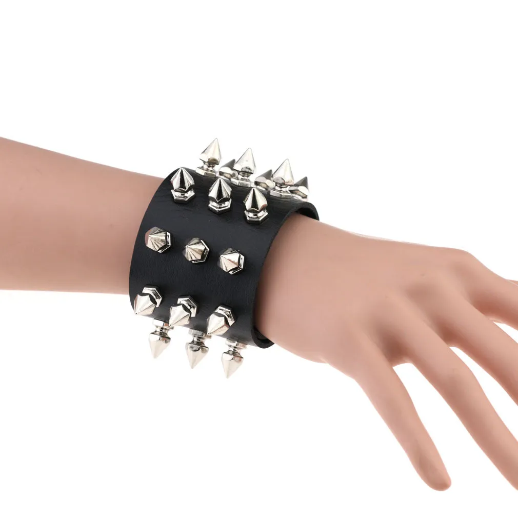 Gothic Delicate Cuspidal Spikes Rivet Leather Bracelets Punk Bracelet for Women Men  yellow