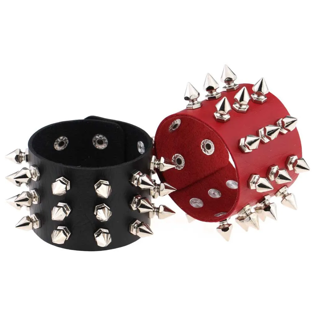 Gothic Delicate Cuspidal Spikes Rivet Leather Bracelets Punk Bracelet for Women Men  yellow